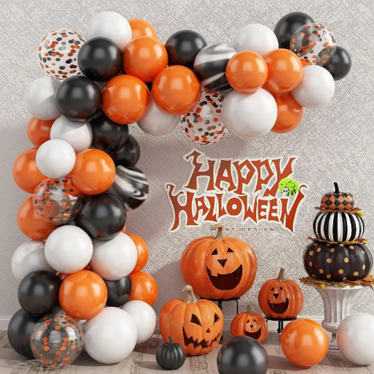 Double Layered Orange and White with Black Halloween Balloon Garland - Partyshakes Balloons