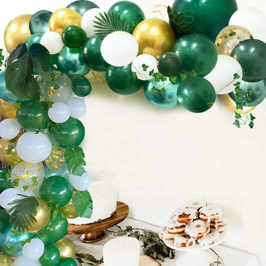 This Double Layered Green and Gold Botanical balloon garland includes all necessary items to construct a garland, making it perfect for Safari-themed, jungle-themed, Summer, baby shower, graduation, and other jungle-oriented events. Our design features carefully selected high-quality double-layered green and white balloons with metallic gold and confetti balloons to ensure long-lasting, visually stunning decor that will elevate any occasion.