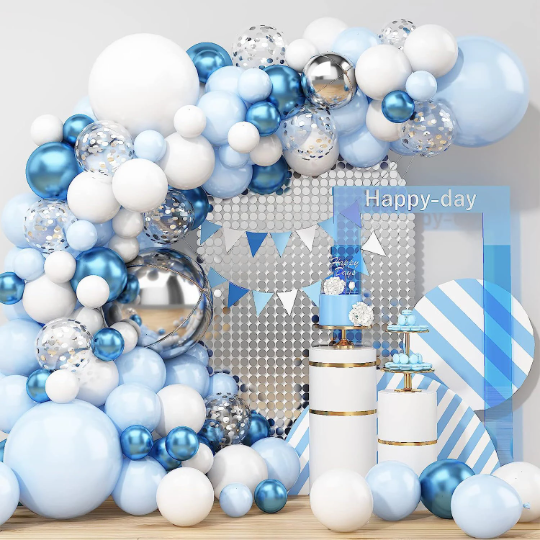 Blue and Silver Balloon Arch Kit, Chrome Blue Gold and Silver Balloon