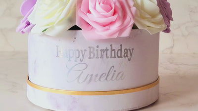 Personalised Name and Age Pink, Purple Rose Flower Hat Box, Birthday Gift Box