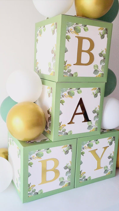 4pcs Sage Green Baby Blocks with Gold Letters, Baby Shower Boxes