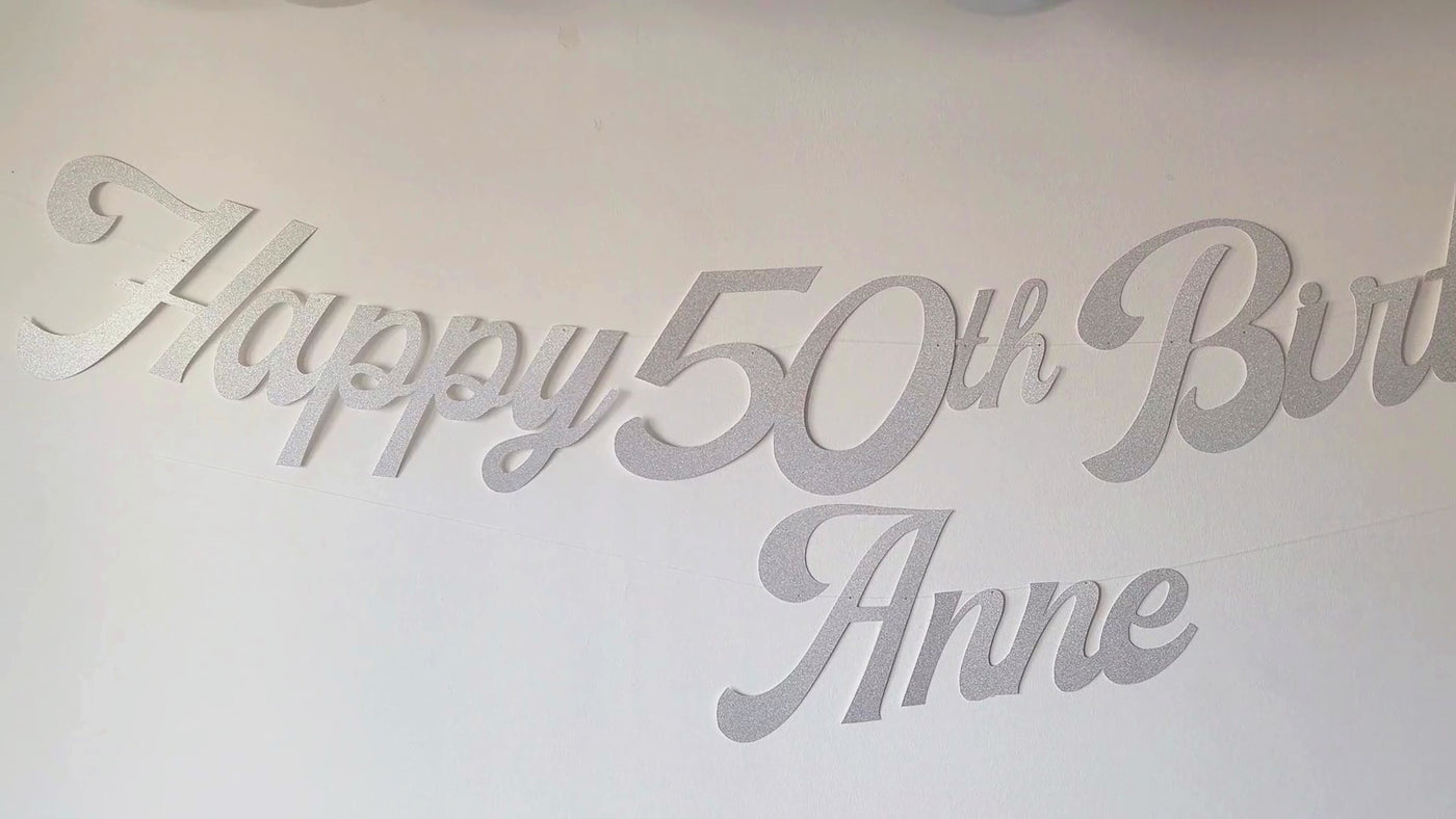 Personalised Name Happy Birthday Silver Glitter Banner