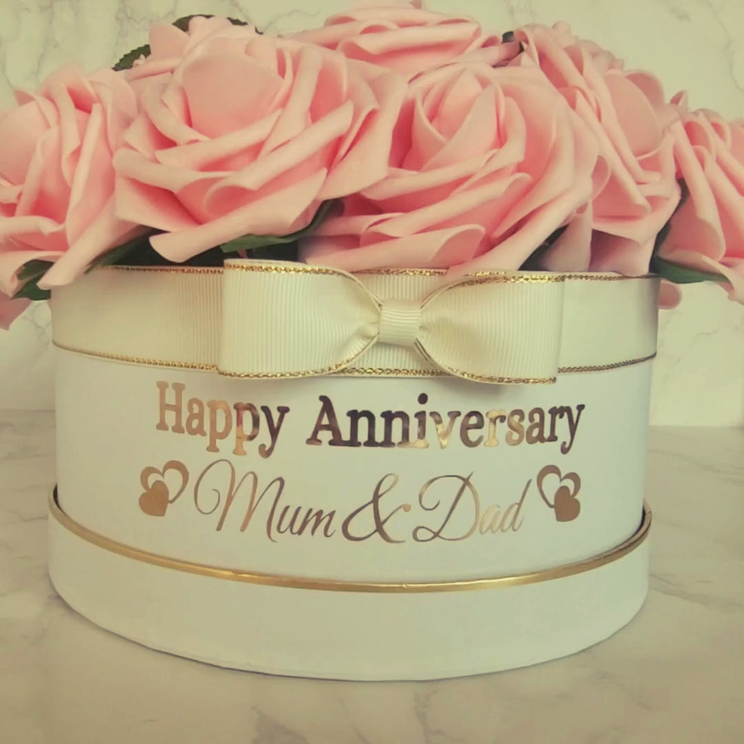 Personalised Anniversary Flower Hat Box, Handmade Pink Floral Arrangement