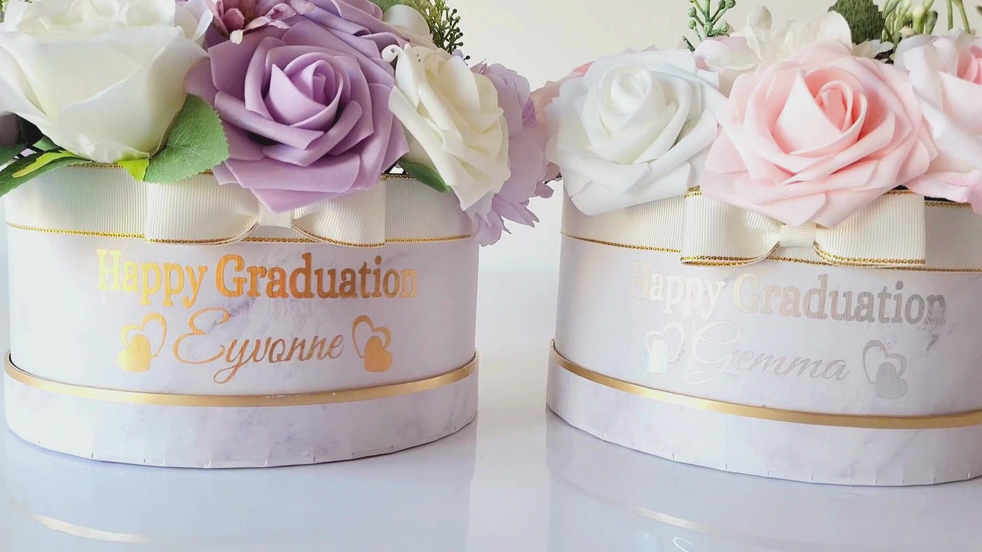 Personalised Name Happy Graduation Purple and Pink Flower Hat Box