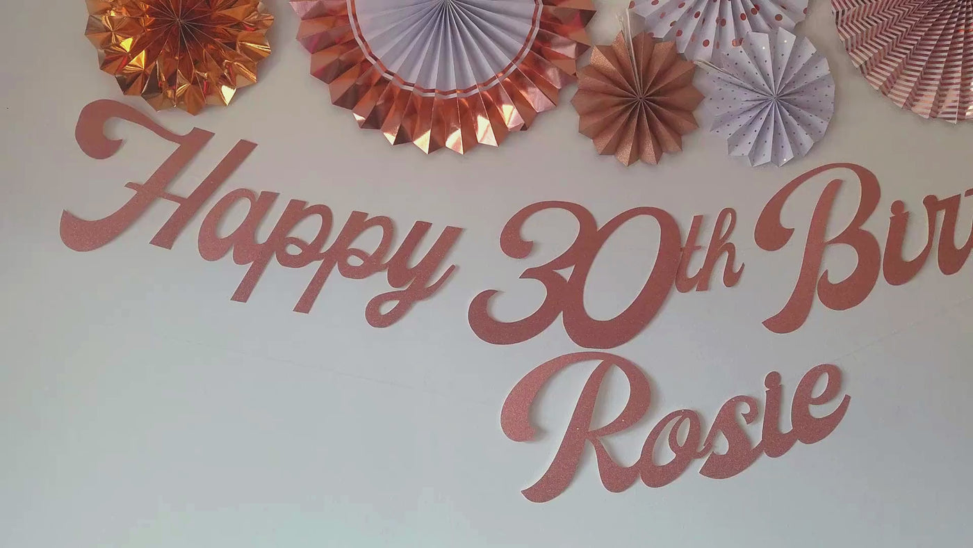 Personalised Name Happy Birthday Rose Gold Glitter Banner