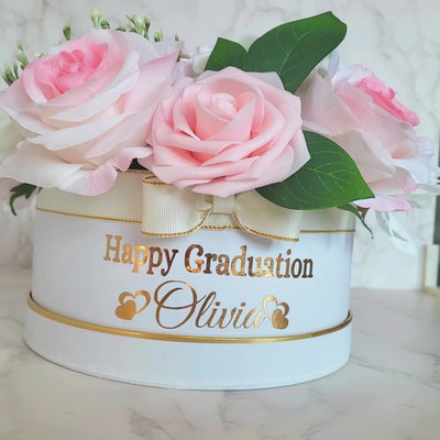 Personalised Name Happy Graduation Pink and White Flower Hat Box