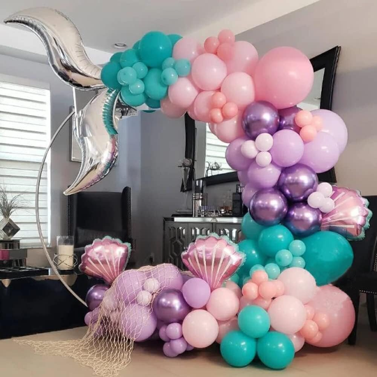 Mermaid Silver Tail Balloon with Shell Garland Arch Set