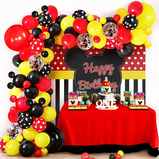 Red and Black Balloon Garland Arch with Red and Black Confetti Balloons