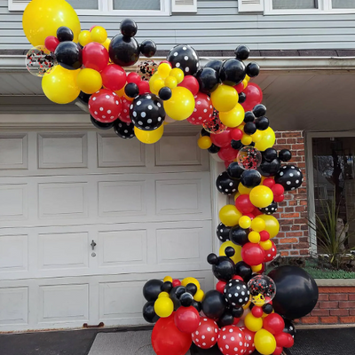 Red and Black Balloon Garland Arch with Red and Black Confetti Balloons