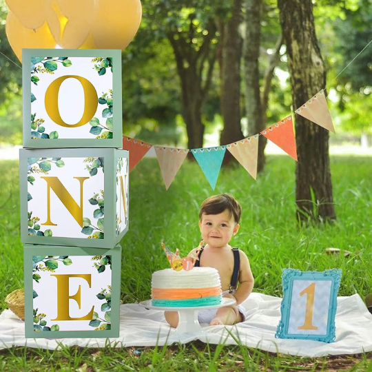 3pcs Sage Green ONE Blocks with Gold Letters for Birthday - Partyshakes Baby Blocks