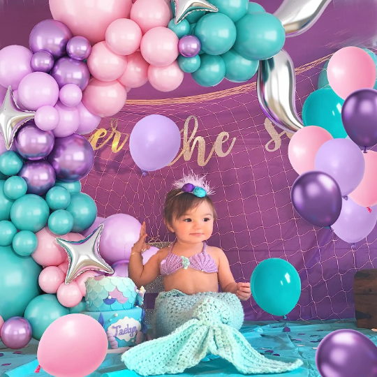 Silver Mermaid Tail Balloon with Shell Garland Arch, Mermaid Balloon Garland Arch - Partyshakes Kid's Theme Party