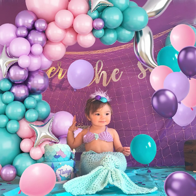 Silver Mermaid Tail Balloon with Shell Garland Arch, Mermaid Balloon Garland Arch