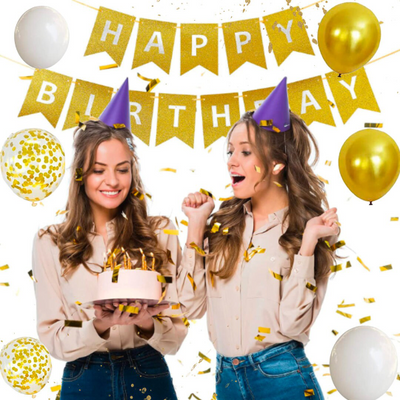 Glitter Gold and White Happy Birthday Banner with Balloons - Partyshakes balloons