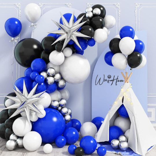 Featuring double layered White and Blue balloons with thick Black and 3D Silver stars is ideal for summer gatherings, baby showers, graduations, weddings, anniversaries and birthday celebrations. Create an eye-catching display with the included latex, navy blue, white, and transparent silver confetti balloons.