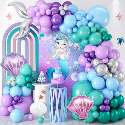 Little Mermaid Silver Tail Balloon with Shell Garland Arch