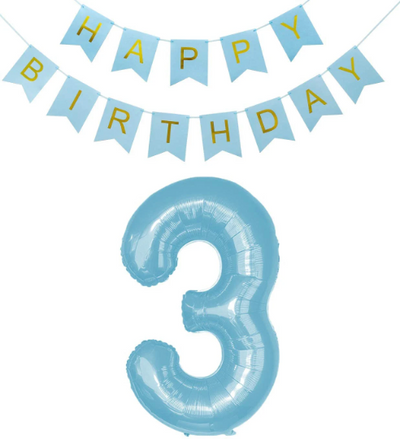 40 Inches Large Blue Number Balloon with Happy Birthday Bunting - Partyshakes 3 balloons