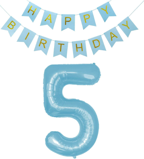 40 Inches Large Blue Number Balloon with Happy Birthday Bunting - Partyshakes 5 balloons