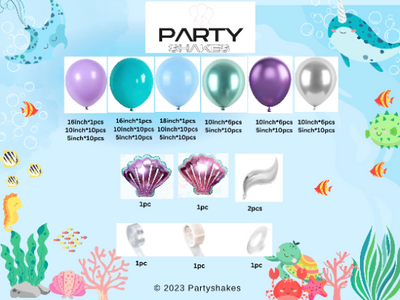 Little Mermaid Silver Tail Balloon with Shell Garland Arch - Partyshakes Kid's Theme Party