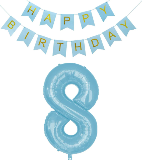 40 Inches Large Blue Number Balloon with Happy Birthday Bunting - Partyshakes 8 balloons