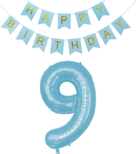 40 Inches Large Blue Number Balloon with Happy Birthday Bunting - Partyshakes 9 balloons