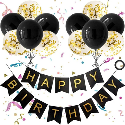 Black And Gold Happy Birthday Banner - Partyshakes balloons