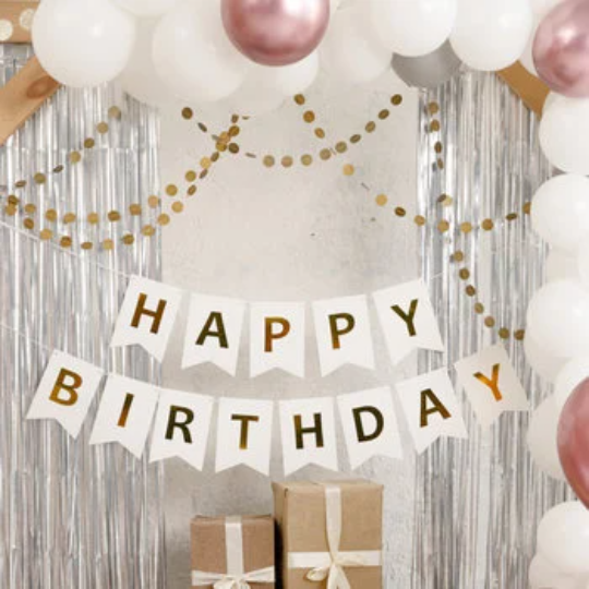 White And Gold Happy Birthday Banner with 5 confetti balloons