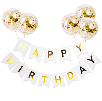 White And Gold Happy Birthday Banner with 5 confetti balloons - Partyshakes +5 confetti balloons balloons
