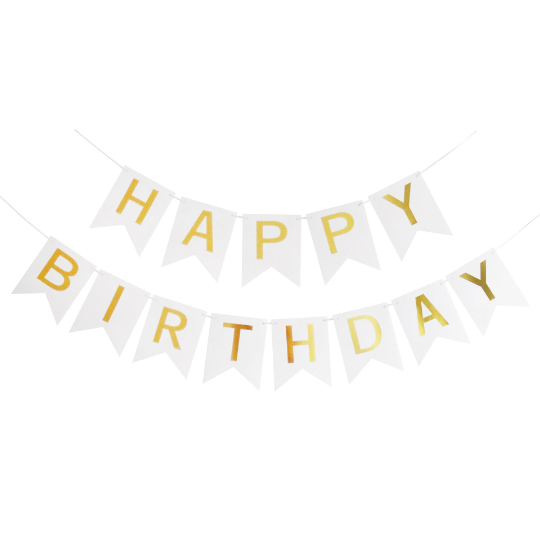 White And Gold Happy Birthday Banner with 5 confetti balloons