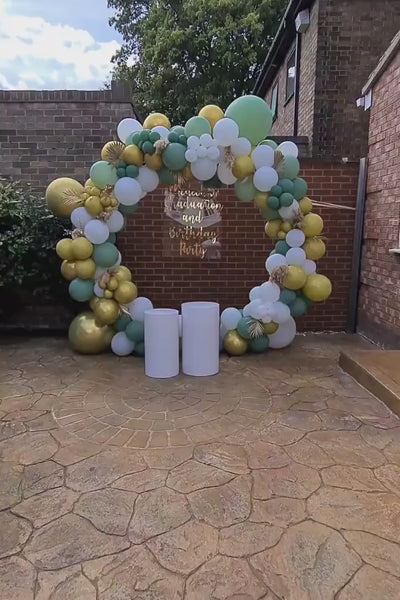 Gold, White and Sage Green and Balloon Arch with Metallic Gold