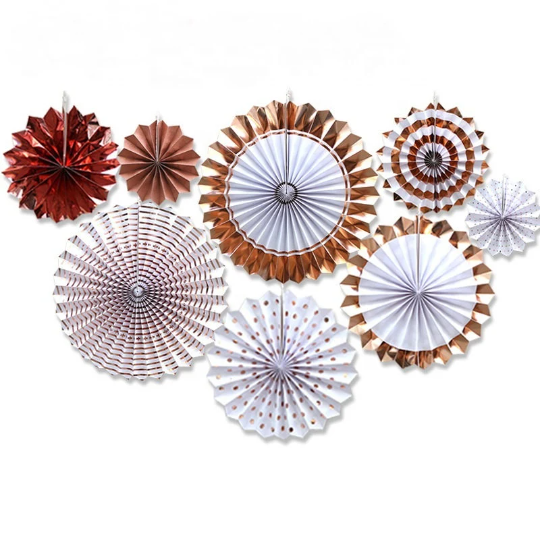 8pcs White and Rose Gold Flower Paper Fan