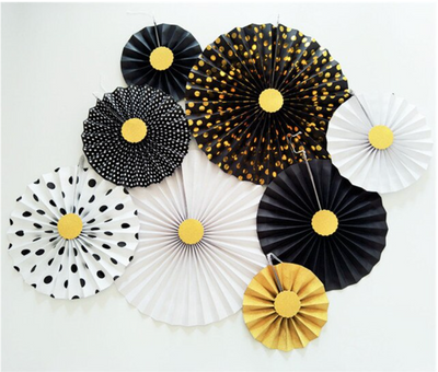 8pcs Black and Gold Flower Paper Fan - Partyshakes paper fans
