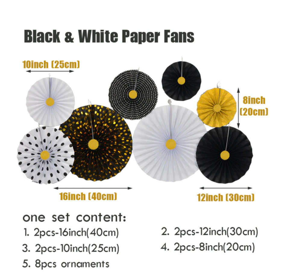 8pcs Black and Gold Flower Paper Fan