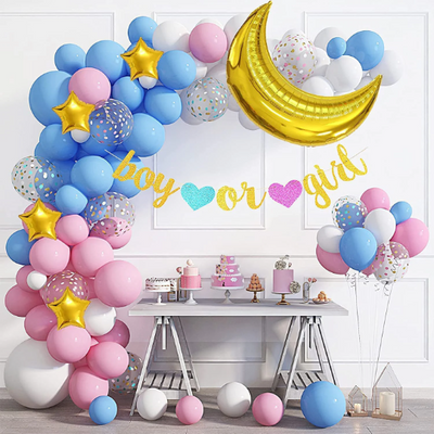 Gender Reveal Balloon Garland Arch with Gold Glitter Boy Or Girl Banner and Giant Gold Moon Balloon