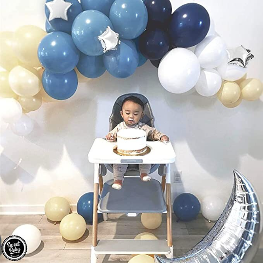 Navy Blue, White, and Yellow Party Balloon Garland with Silver Confetti Balloons, 36" Giant Moon Balloon