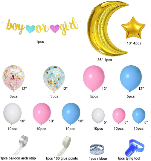 Gender Reveal Balloon Garland Arch with Gold Glitter Boy Or Girl Banner and Giant Gold Moon Balloon