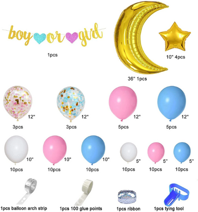 Gender Reveal Balloon Garland Arch with Gold Glitter Boy Or Girl Banner and Giant Gold Moon Balloon - Partyshakes balloons