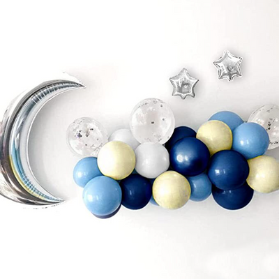Navy Blue, White, and Yellow Party Balloon Garland with Silver Confetti Balloons, 36" Giant Moon Balloon