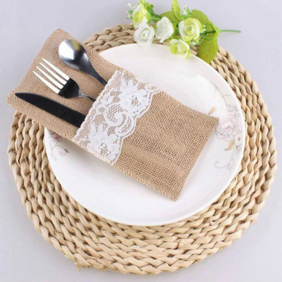 Natural Burlap Cutlery Pouch Lace Utensil Holders 5-10 Pcs. 