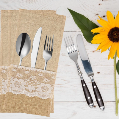 Natural Burlap Cutlery Pouch Lace Utensil Holders 5-10 Pcs. 