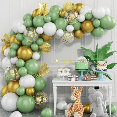 90PCS Sage Green, White, and Metallic Gold Confetti Balloons Garland with Tropical Leaves