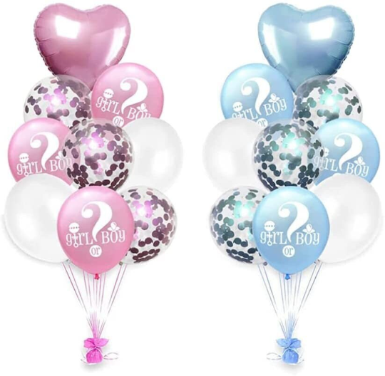 Gender Reveal Balloon Set, Pink And Blue Confetti And Heart Foil Balloon