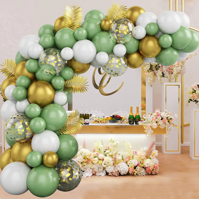 90PCS Sage Green, White, and Metallic Gold Confetti Balloons Garland with Tropical Leaves