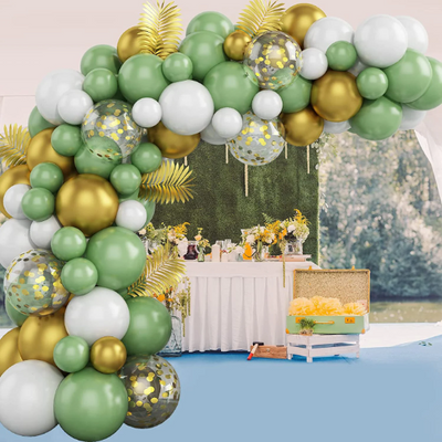 90PCS Sage Green, White, and Metallic Gold Confetti Balloons Garland with Tropical Leaf