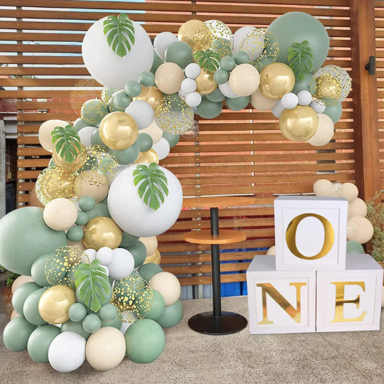 Sage Green and Gold Premium Balloon Arch with Nude and White Balloons and Confetti for Weddings and Events