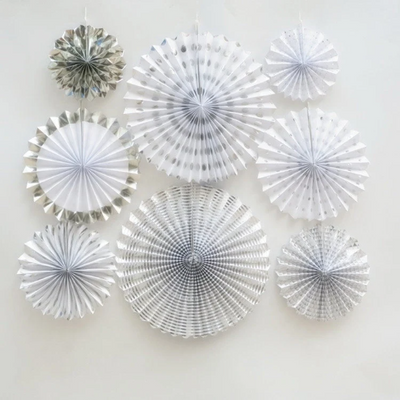 8pcs White and Silver Flower Paper Fan - Partyshakes paper fans