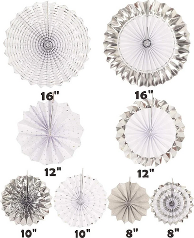 8pcs White and Silver Flower Paper Fan - Partyshakes paper fans