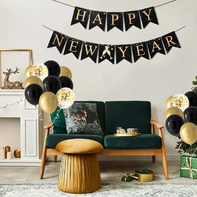 Gold and Black Happy New Year Banner - Partyshakes Banners