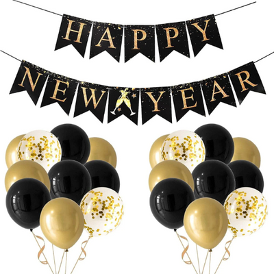 Gold and Black Happy New Year Banner - Partyshakes Banner + Balloons Banners