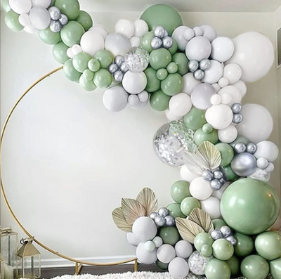 Premium Sage Green, Confetti, and Silver Balloon Arch with Giant Balloons