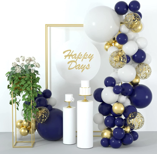 Navy Blue, White, and Gold Balloons Garland Arch